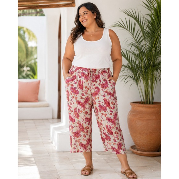 Units Woman Pants - Units Woman Paisley 100% Linen Relaxed Pants Tan Pink Plus Size 2X Lagonlook